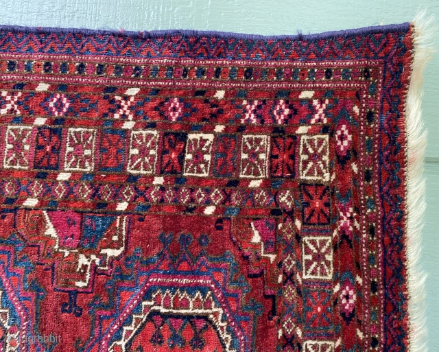 Sold! Lovely Tekke chuval with brilliant dyes and design. Circa 1900 or earlier. Great piece. Tiny amount of dye transfer onto warp as seen in last photo. Could still be natural dye,  ...