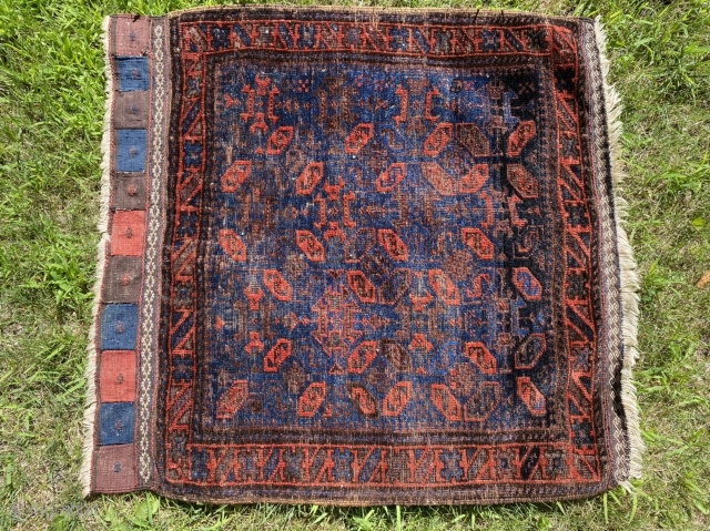 Sold! Antique Baluchi bag face in full pile. Iridescent indigo and deep madder. 32” x 28” $200                