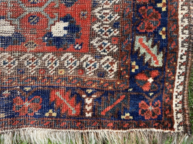 Sold!  Khamseh rug or Bagface of unusual proportion and quality. The quatrefoil motif in the 4 corners is repeated in the center medallion. Awesome! The dyes are stellar. The wool is  ...