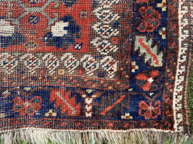 Sold!  Khamseh rug or Bagface of unusual proportion and quality. The quatrefoil motif in the 4 corners is repeated in the center medallion. Awesome! The dyes are stellar. The wool is  ...