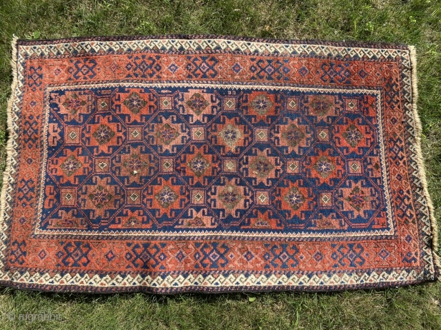 Sold! Nice old Baluchi. 36” x 60”. Good pile but corroded brown. Great wool and natural dyes including salmon red. $150            