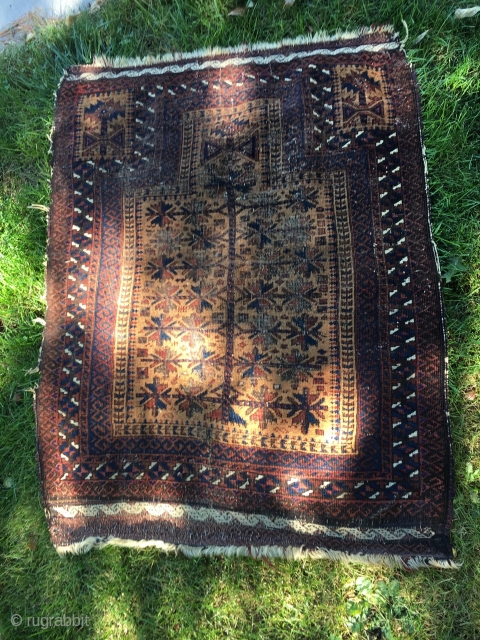 SOLD! Antique Baluch Prayer Rug with tree of life design. Camel hair field, with good quality weft-float end finish and some selvage remaining. Corrosion of dark brown dye, as often found in  ...