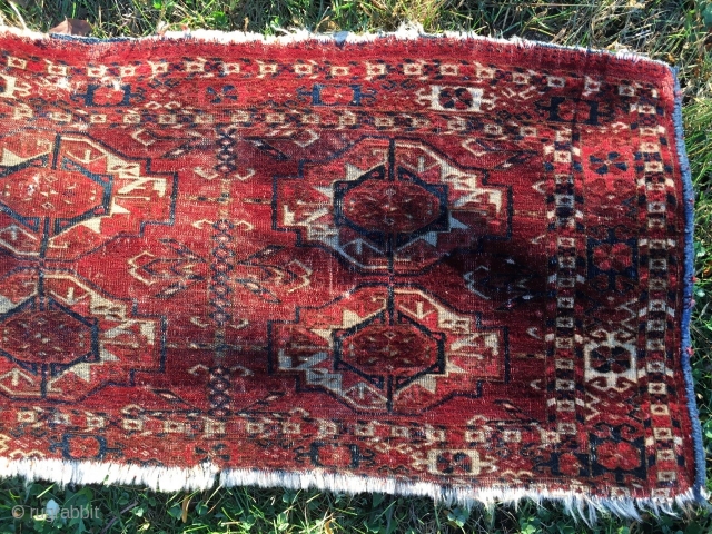 SOLD! Tekke 6 gul torba of significant age and quality! Intense detail in the main guls which are of good size. Condition leaves much to be desired! The pice is very low-pile,  ...