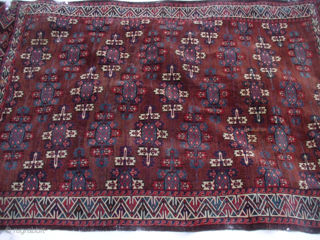 Antique Yomud Main Carpet: Excellent Christmas gift. 9'3"X5'5". 11H X 14V = 140 kpi. Camel hair warp. Some cotton in weft? [see pic]. SOLD!         