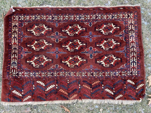 SOLD!!Colorful, large, and beautiful Yomud chuval. 4’1” X 2’10”.  144 kpi. Super nice blue green, dark navy, natural brown, and no dye transfer in the red as can be seen. Full  ...