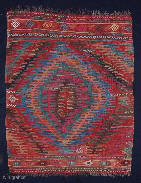 Beautiful small Anatolian Afyon kilim, late 19th C, 40 x 51 inches/ 100 x 127cm, natural dyes, a few old restorations otherwise in good condition, wild and tribal.     