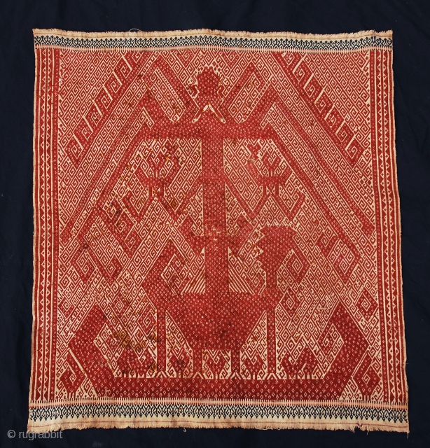 Very good and interesting tampan-ceremonial textile- from Indonesia (Lampung-Sumatra),  19th century, size 68 x 76 cm/ 27 x 31 inches.  A boat with a large bird and tree of life  ...