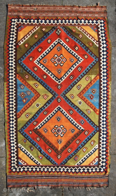 Qashqai kilim with strong graphics and excellent saturated colors. Size 148 x 270 cm/ 59 x 108 inches. Generally in very good condition, only one tiny hole in a kilim end, a  ...