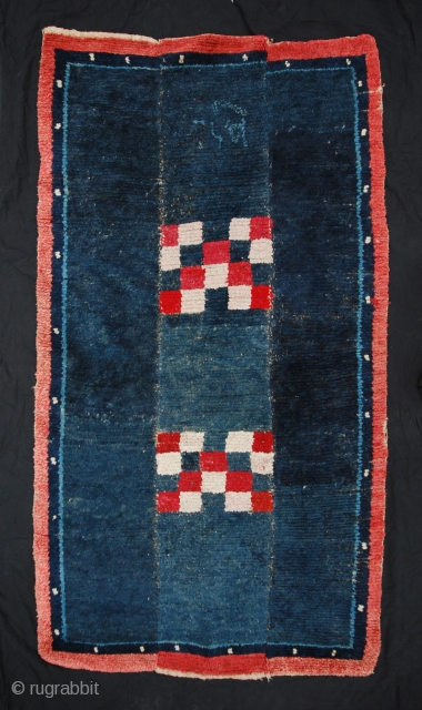 Rare Tibetan nomadic rug from Ladakh with inscription. Early 20C. Good condition. For details, please ask. These type is called Tsukdruk, Tsuk-druk (or Tsuktruk tsuk truk).

       