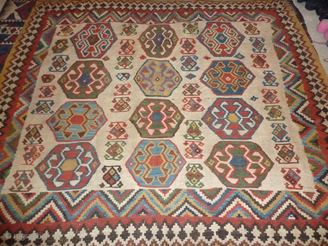 Amazing white ground Luri kilim, gorgeous elem, very good colours, rare squarish format, good condition, 235 x 196 cm,  92.5 x  77.2 inch        