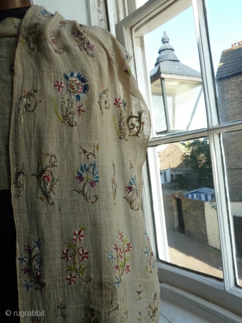 Beautiful and rare Algerian silk and metal thread embroidered shawl, very unusual design, lovely colours, 18th./ early 19th. cent., 280 x 30 cm, 9.2 ft x 1 ft.     