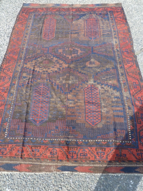 Fabulous baluch main carpet, amazing blues, wonderful red border, very fine for size, heavy, super wool, complete with kilim ends but heavily corroded black as one would expect with that age, just  ...