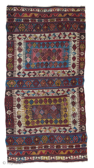 Semi-Antique Kilim. SOLD
Beautifully drawn village Hotamis Kilim with numbers of delicate motifs in elegant all naturals colours. This is a rare piece in big size, maybe kept in a chest for years.  ...