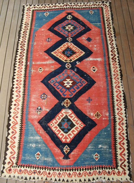 Beautiful 19th century Shahsavan Kilim, 135x255cm, good old and nicely saturated colors, fine drawing, mounted on linen.                