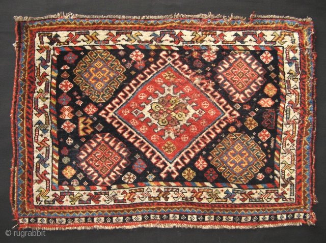 South Persian Bagface, 19th century, 55x78cm, full pile of soft and lustrous wool,  scattered moth damages and small holes, great colors and beautiful design layout with joyful variety of tiny filler  ...