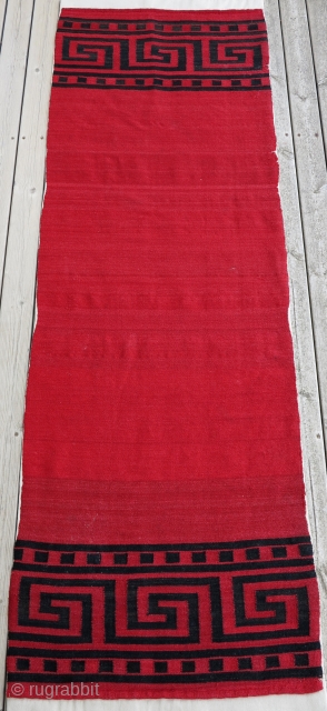 Authentic ca.1920 Cretan village "kilim" panel, 72x215cm. Red and natural black goat hair wefts on an extremely fine cotton warps, woven using dovetail tapestry technique (mounted on linen). Very nice red abrash  ...