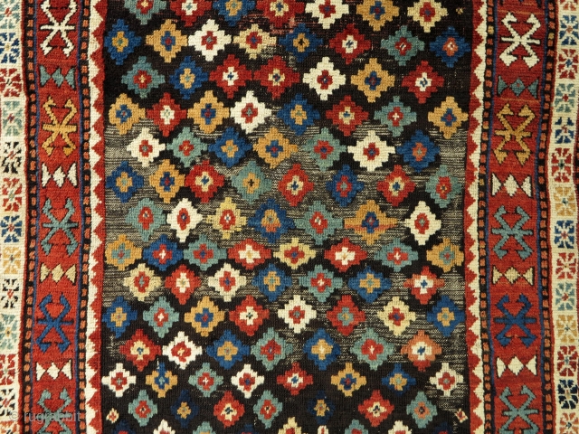 Caucasian Zakatala Rug, ca. 1880, 138x172cm, in very good condition (except partial corrosion of the black background in the field). 
Relatively small and squarish rug with all natural beautiful colours and shiny  ...