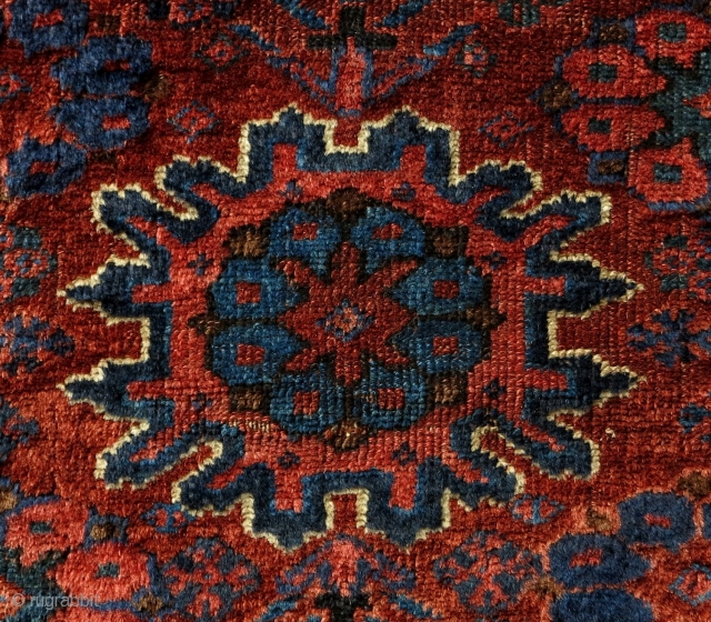 Mystery Persian? Tribal Bagface, 19th century, 50x43cm, silky wool with nice patina, great colors of rare palette, very fine weave, beautiful old looking back, collectors treasure!!!       
