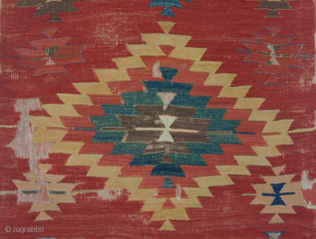 Central Anatolian Kilim, Karapinar, ca. 1800, 110x295cm, damaged but complete, professionally mounted on red linen, unusually spacious and rustic interpretation of well known design...Great Thing! https://www.mbtextileart.com/       