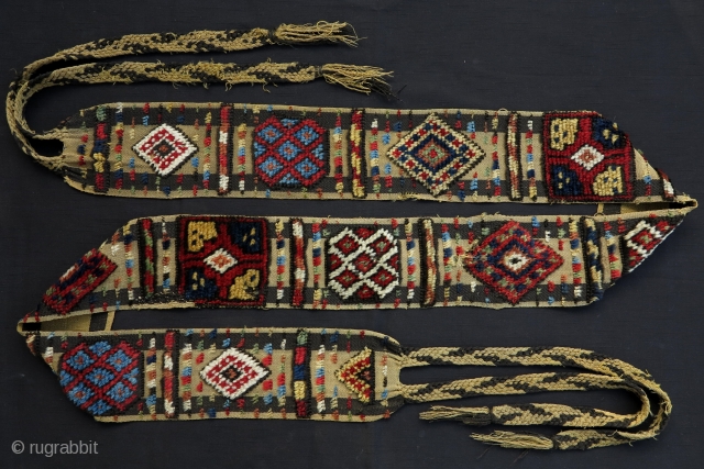 South Persian Mixed Technique Band/Trapping, ca. 1900, 12x350cm, beautiful colors, fine silky wool, soft and meaty handle. Rare and genuine dowry item of great quality!!!        