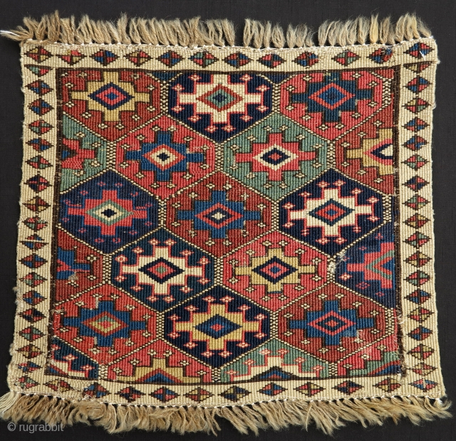 Moghan Shahsavan Reverse Sumak Bagface, 19th century, 40x43cm, beautiful design layout, nice range of clear and precise old colors. Good piece to have. Affordable.         