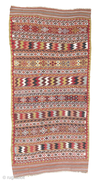 Gashgai Kilim, Persia, Ca. 1875, 4'8'' x 9'7'' (142 x 292 cm). Weight: 11 lbs. Material: wool surface, wool warp. Provenance: Ex. Eric Jacobson Collection. Portland, Oregon. Estimate: $1,000-1,500 Starting Bid: $500.  ...