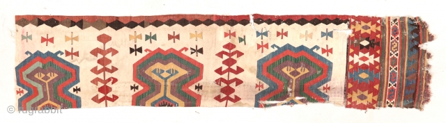 Lot 26. Early Hotamish Kilim, Central Anatolia, 17th/18th C., 2'6'' x 10'11'' (76 x 333 cm). Weight: 6 lbs. Material: wool surface, wool warp. This kilim is Plate 2 in IMAGE, IDOL,  ...
