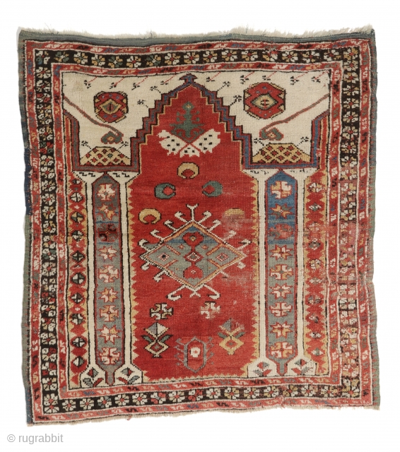Konya Prayer Rug, Central Anatolia, Mid 19th C., 3'5'' x 3'8'' (104 x 112 cm). Weight: 4 lbs. Material: wool pile, wool warp, wool weft. Estimate: $2000-4000 Starting Bid: $1000. Lot 22  ...