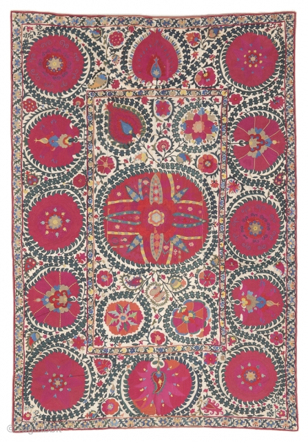 Large Medallion Suzani, Uzbekistan, Early 19th C., 6'0'' x 8'9'' (183 x 267 cm). Silk on cotton ground. Exhibited: The Textile Museum, 27 Sept. 1996 to 23 Feb. 1997. See Plate 15,  ...