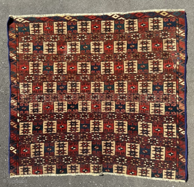 Yomut-group (or P-Chodor?), small rug-fragment, early 19th c., bright squares seem to be camel wool, some repair (visible on photos)             