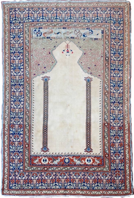 Ghiordes or Kayseri Prayer rug. Low pile, little stains on the ivory field. In original condition never touched. early 1900. size: m.1.72 x m. 1.15 p.o.r       