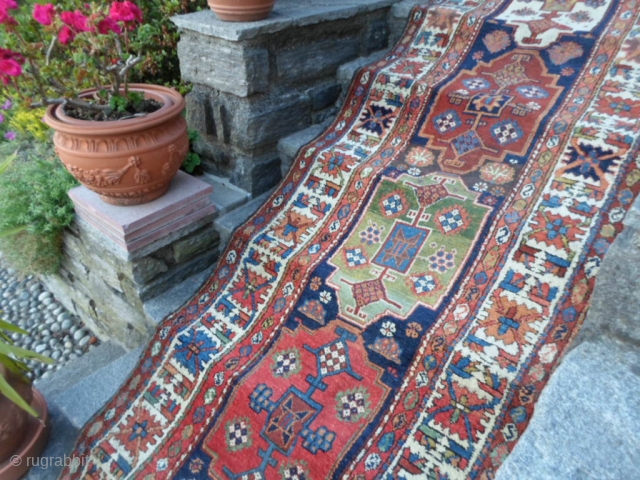 Shahsavan runner IV quarter XIXth Century in very good condition. Washed and ready for use or estate. Nomadic persian runner with all wool and all natural dyes.
Size 400 x 100 cm. More  ...