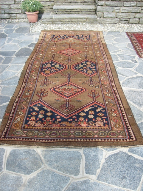 SIZE:   333 x 134  cm. = ft.  9.51 x 4.40.
Very good condition for this antique carpet knotted in ECBATANA.
Wool on wool and all natural dyes.
No stains, no repils,  ...