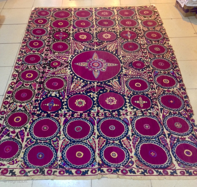 Antique Uzbek silk embroidery Suzani 
Very beautiful rare suzani

100% handmade

Size: 310 cm X 210 cm


Suzani

Suzani is a type of embroidered and decorative tribal textile made in Tajikistan, Uzbekistan, Kazakhstan and other Central  ...