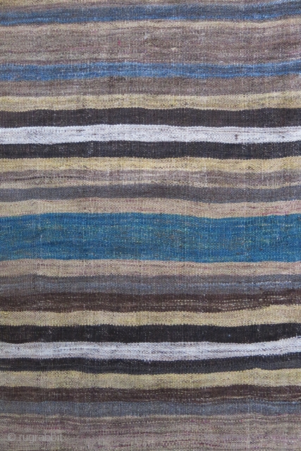 Luri Baktiari tribal minimalist bedding pile cover kilim. All wool  2” narrowed from each side. Faded fuchsine and good natural colors. A real tribal weaving. Late 19th. Size: 89” X 52” (225 cm X  ...