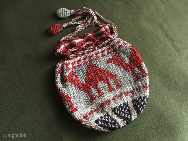Lebanese Arabic hand knitted silk pouch. Width: 15 cm x height: 17 cm (5.9" x 6.6").                 