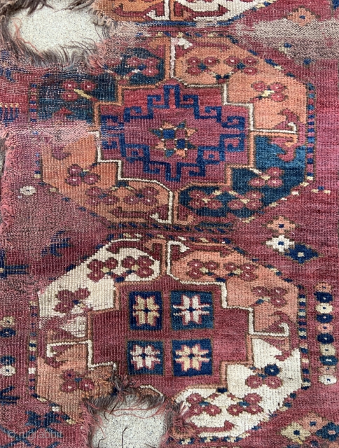 Ersari Turkmen Main Carpet fragment with great colors - rare liver purple ground, glossy wool and classic early drawing - reasonably priced           