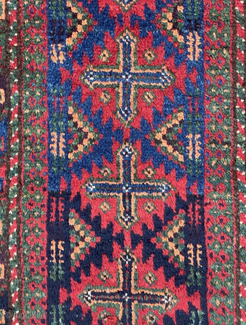 Baluch Balisht with dripping colors, greens, blues, purple and yummy apricot, excellent condition, well kept and preserved. - mete@yorukruggallery.com              
