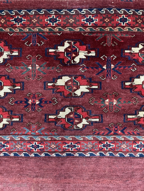 Yomud/Yomut group Turkmen chuval with early features, tight weave, beautiful saturated natural colors including nice green, yellow and light blue on an abrashed ground. - c.1850 - 44" x 29" - 112  ...