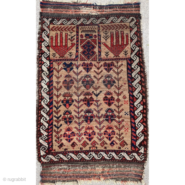 Unusually small Baluch Prayer Rug with camel field and powerful drawing. kilim ends backed with burlap - 2'2 x 3'6 - 66 x 107 cm.        