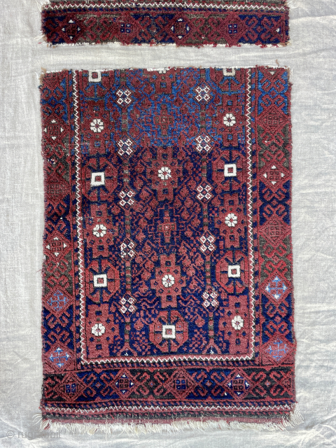 Baluch Small rug/Balisht? fragment conserved on linen fabric - email - mete@yorukruggallery.com                     