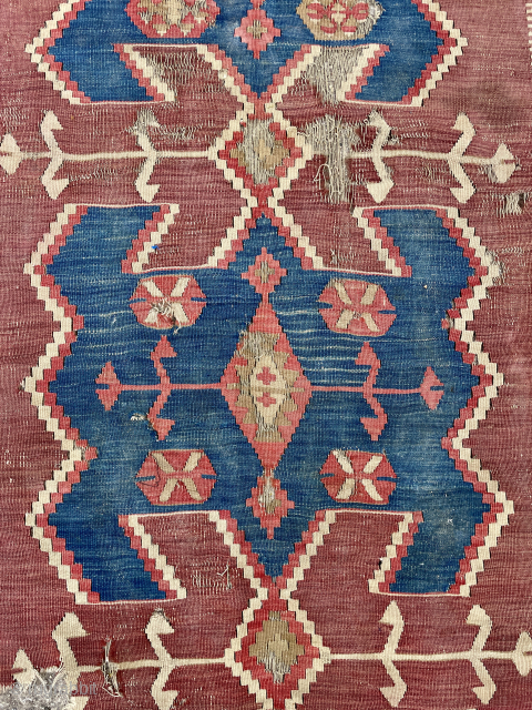 Central Anatolian Obruk Kilim fragment - would benefit from a wash - offered as found and priced low accordingly. about 4'0" x 6'6" - email - mete@yorukruggallery.com      