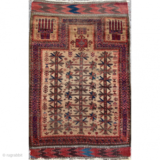 Beautiful Baluch Prayer Rug woven on a camel field with hands of Fatima that have stylized thumbs as birdheads -Good original condition, low even pile. - 2'10 x 4'5 - 87 x  ...