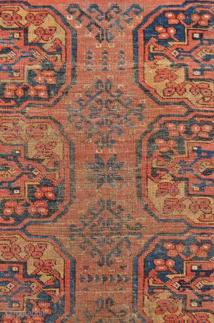 Early Ersari Main Carpet with 2 x 6 large Guls, nice long kilim ends, good variety of border & secondary filler motifs, worn but all original sides and ends, has no old  ...