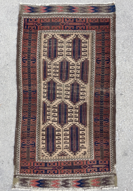 Baluch Rug - Qalam Dani Pattern on Camel field framed by a nice border - 2’10 x 5’2 – 85 x 155 cm - email - mete@yorukruggallery.com      
