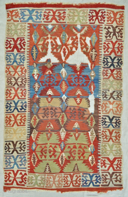 Central Anatolian small kilim, mounted on linen - 3'0 x 4'10 ft. - 91 x 146 cm.                