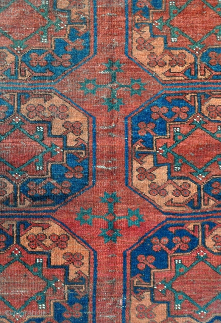 Turkmen Ersari Main Carpet with the Guli-Gul design, cool border and great colors - some wear damages and low pile areas but inexpensive and still usable on the floor - circa 1875  ...