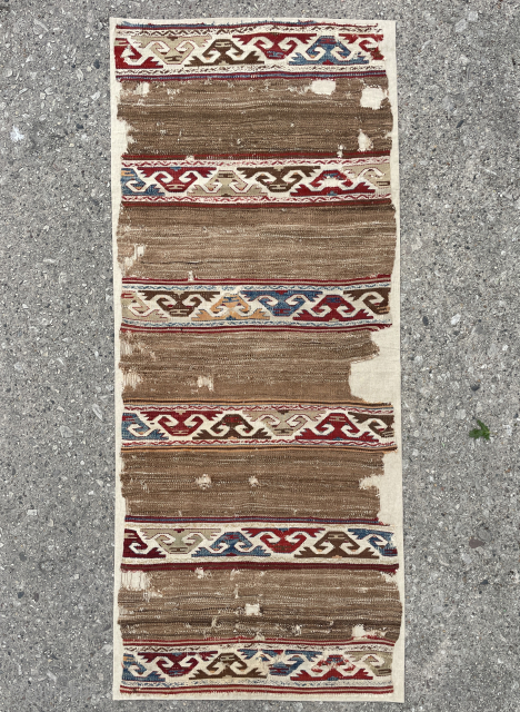 Small Anatolian Kilim Fragment with camel wool mounted on linen - email yorukrugs@gmail.com for details