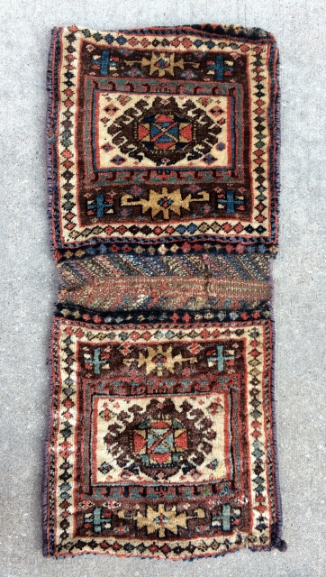 Northwest Persian Kurdish Saddle bags, complete with beautiful kilim back, meaty silky pile, some old damages consistent with use  - 19" x 44" - 50 x 112 cm.    