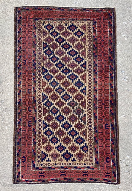 Baluch rug with Camel field, well-drawn main border with positive/negative effect and I particularly like the floating effect of the border framing the field - good condition, no repairs - 2'8 x  ...